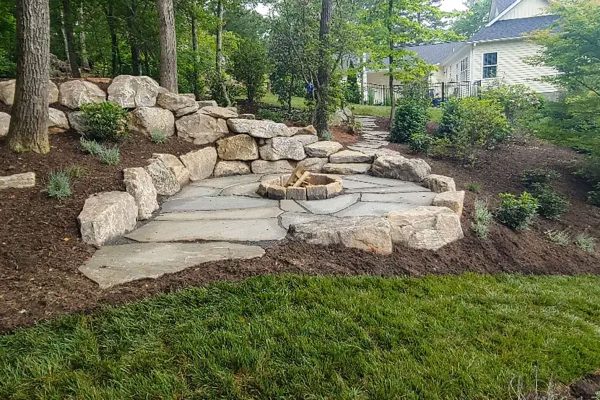 Natural Stone Retaining Walls and Fire Pit Design