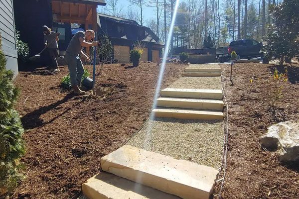 stone slab steps and gravel pathway